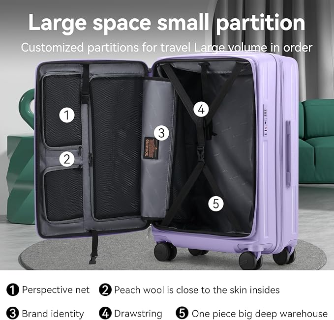 ROAMING 24 Inch Checked Luggage TOP Opening Rolling Suitcase PC hard sided luggage with Spinner Wheels Cup Holder Tsa Lock Specially Designed Ergonomic Pull Rod Handle for Travel Woman Men purple