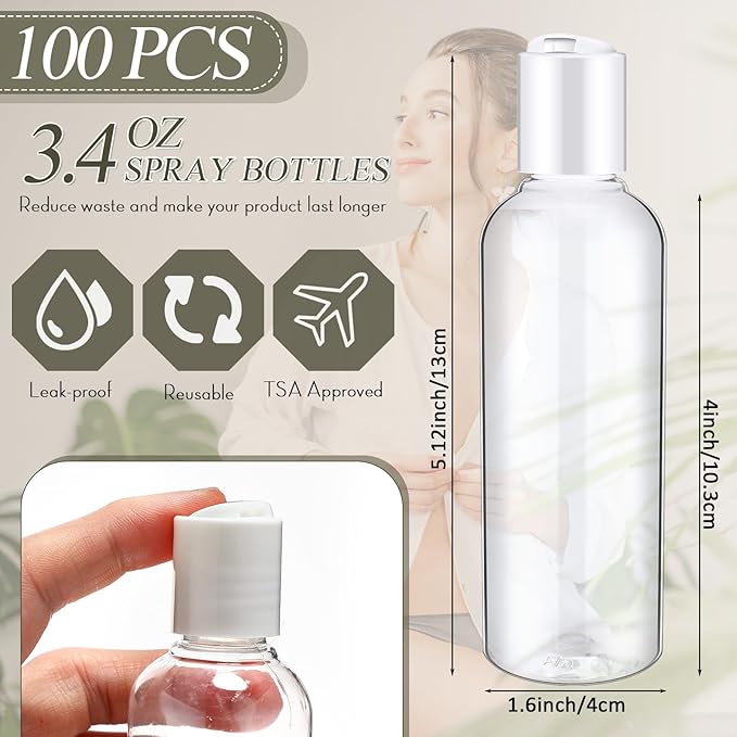 Roshtia 100 Pcs 3.4 oz Travel Bottles for Toiletries Clear Plastic Travel Size Containers Leak Proof Empty Refillable Liquid Containers Squeezable for Lotion Face Cream Shampoo Essential Oil (White)