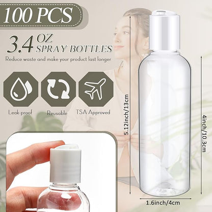 Roshtia 100 Pcs 3.4 oz Travel Bottles for Toiletries Clear Plastic Travel Size Containers Leak Proof Empty Refillable Liquid Containers Squeezable for Lotion Face Cream Shampoo Essential Oil (White)