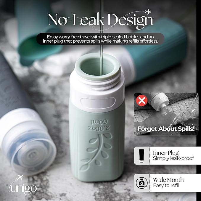 unigo 30pack Full Set TSA Approved Travel Bottles for toiletries, Travel Size Containers for Toiletries, Refillable Leakproof Shampoo and Conditioner Bottles, Toiletry Containers (Gray)