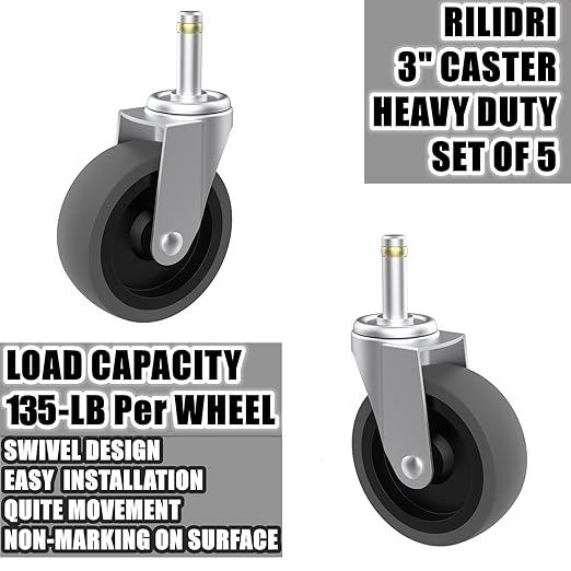 Replcament Casters for Brute Trash Bin Dolly Set of 5, 3-Inch Trash Can Dolly Replacement Wheels - 375LBs per Set