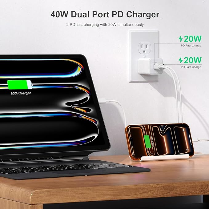 USB C 20W Wall Charger, 2 Pack Dual Port 40W PD 3.0 Type C Fast Charging Block, Durable Portable Charger for iPhone 11/12/13/14/15/16 Pro Max, iPad Pro, AirPods 4, for Apple Watch 10, Samsung Galaxy