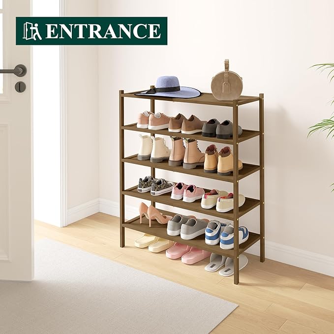 Smiry Bamboo Shoe Rack, 5 Tier Shoe Organizer for Entryway & Closet, Stackable Free Standing Storage Shelf for Shoes, Bags & Plants, Walnut