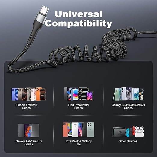 USB C to C Cable 3ft 2Pack Coiled USB C Charger Cable for Car Type C Fast Charging Cable for iPhone 17/16/15/Plus/Pro/Pro Max/Samsung Galaxy S23 Nylon Braided USBC Cable