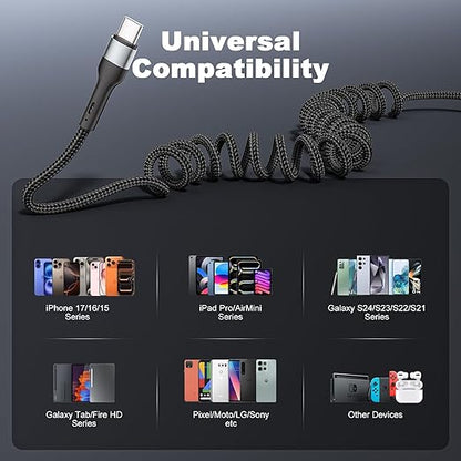 USB C to C Cable 3ft 2Pack Coiled USB C Charger Cable for Car Type C Fast Charging Cable for iPhone 17/16/15/Plus/Pro/Pro Max/Samsung Galaxy S23 Nylon Braided USBC Cable