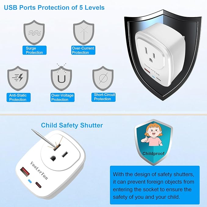 Type A Plug Adapter, VooLerTun Canada Japanese Travel Adapter with 30W Fast Charge Dual Ports (1 USB C) Compatible Cell Phone Camera, 1 American Outlet Adapter, US Converter for Japan Travel