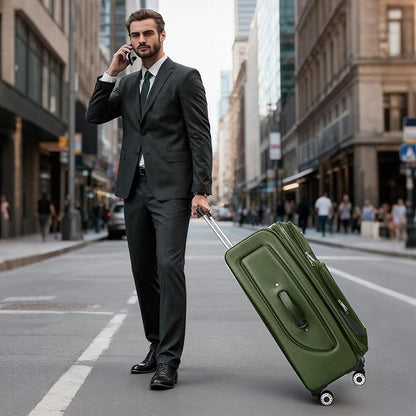 28" Large Softside Expandable 15% Checked Luggage with Double Spinner Wheels LOCK,Lightweight Travel Suitcase for Men/Women（Green-Grey,28in）