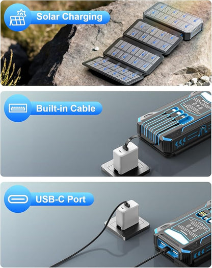 Solar Charger Power Bank 49800mAh With Built-in Cables, 12W QC3.0 Fast Charging, Wireless Portable Phone Charger for iPhone Samsung, Battery Pack With 4 Solar Panel , USB-C, Flashlight for Outdoor