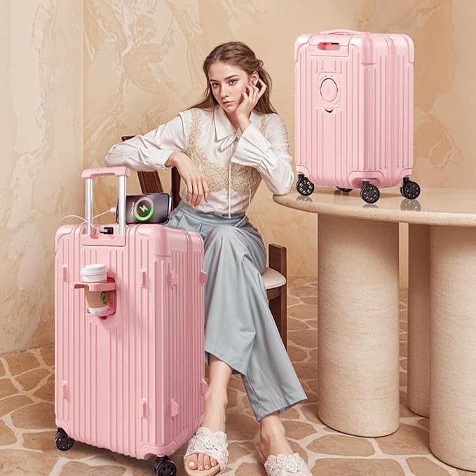 Krute Luggage Sets 2 Piece Suitcase with Cup Holder PC+ABS Hardside Charging Port Luggages TSA Approved Suitcase Set 20+28 Inch