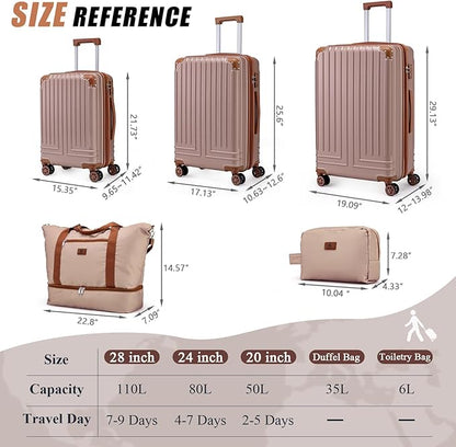 KUNEL Expandable 5 Piece Luggage Sets with Detachable Spinner Wheels and TSA Lock, Unisex Hardside ABS Suitcase Set, Hardshell Lightweight Waterproof Travel Hard Case Suitcases with Wheels, RoseGold