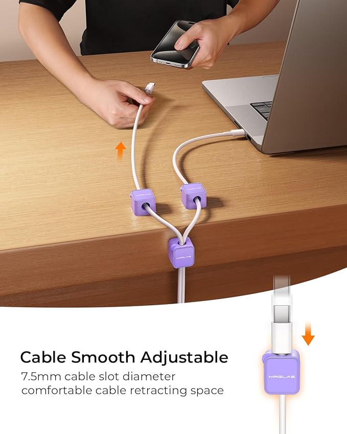 MRGLAS 10-Pack Magnetic Cable Management Cord Organizer,[1s Lock] Cable Holder Clips -Desk Cable Clips [Cable Smooth Adjustable], Adhesive Wire Organizer Keeper for Nightstand Desktop Office-Purple