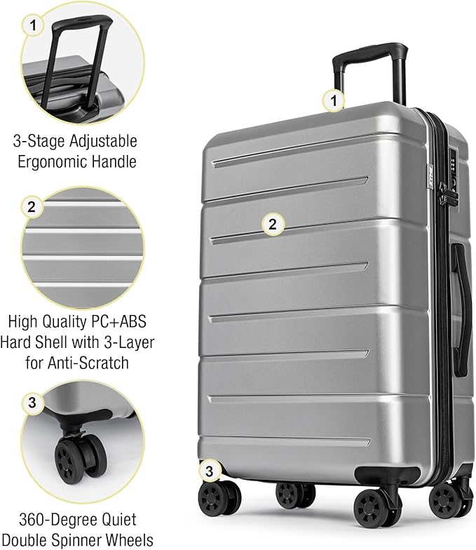 KYME Luggage Sets 2 Piece Suitcase Set Hardshell 20 inch/24 inch Luggage with Spinner Wheels Hardside PC+ABS Checked Large Suitcase with TSA Lock for Men Women Silver Grey