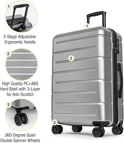 KYME Luggage Sets 2 Piece Suitcase Set Hardshell 20 inch/24 inch Luggage with Spinner Wheels Hardside PC+ABS Checked Large Suitcase with TSA Lock for Men Women Silver Grey