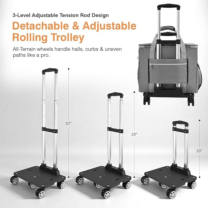 Rolling Tote Bag for Women Teacher Bag Rolling Cart Briefcase with Wheels Carry on Wheeled Bag for Work,Office,Craft Grey