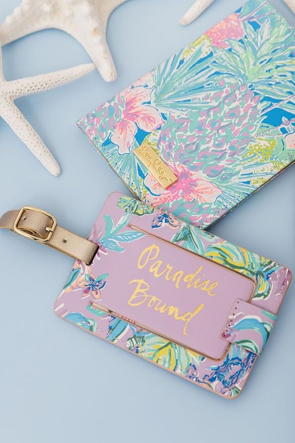 Lilly Pulitzer Leatherette Luggage Tag with Secure Strap, Colorful Suitcase Identifier for Travel