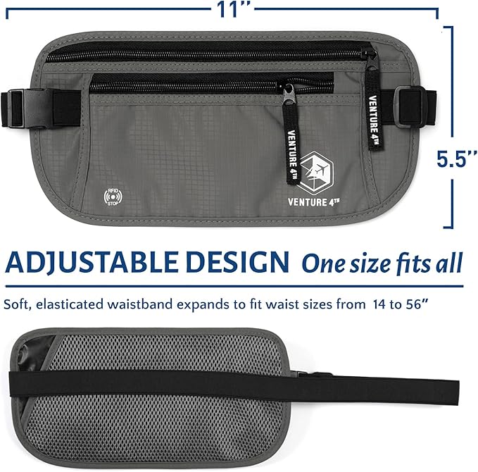 VENTURE 4TH Money Belt for Travel – Hidden Under-Clothes RFID Blocking Passport Holder & Slim Travel Wallet Pouch for Men & Women to Protect Cash, Cards & Documents (Gray)
