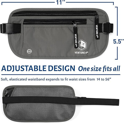 VENTURE 4TH Money Belt for Travel – Hidden Under-Clothes RFID Blocking Passport Holder & Slim Travel Wallet Pouch for Men & Women to Protect Cash, Cards & Documents (Gray)