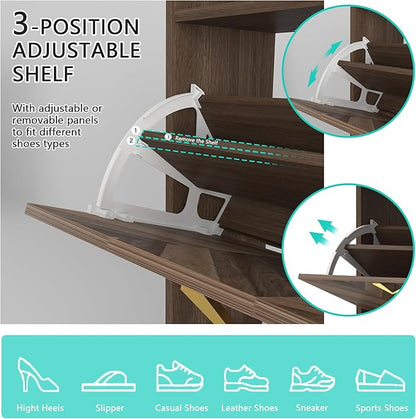 Vibe & Dine 4 Flip Drawer Shoe Cabinet, Mid Century Modern Shoe Organizer with Bottom Cubby, Hidden Shoe Cabinet with 2 Hooks, Freestanding Narrow Slim Shoe Rack Cabinet for Entryway, Foyer, Hallway