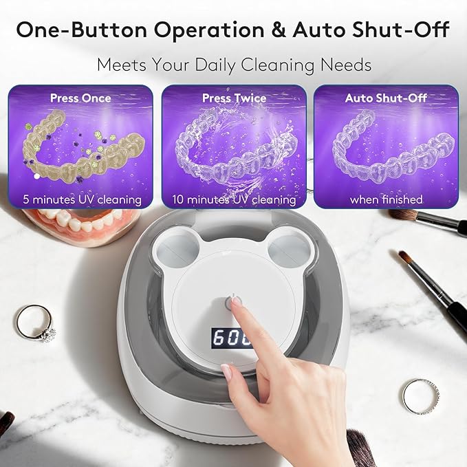 Ultrasonic Retainer Cleaner Machine, 48kHz Dental Cleaning Pod for Night Guards, Mouth Guards, Aligner, Braces, Toothbrush, Jewelry, Ultrasonic Dentures Cleaner with Digital Timer, 220ML, White