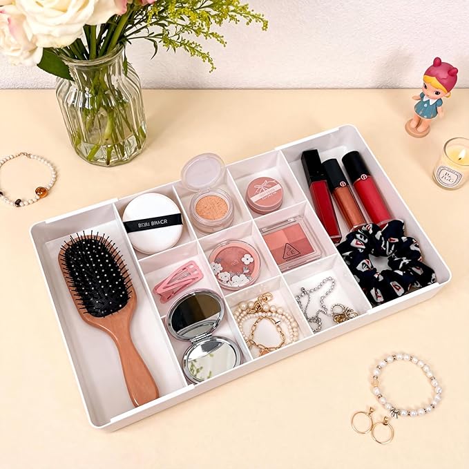 Expandable Desk Drawer Organizer, Acrylic Drawer Organizer Trays with 11 Adjustable Compartments 6 Removable Dividers Desk Accessories for Makeup Utensil Junk Office Kitchen Bathroom ( White, 2Pcs )