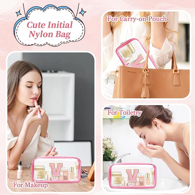 Small Clear Personalized Initial Makeup Bag, Preppy Nylon A-Z Chenille Letter Patch Makeup Organizer TSA Approved Travel Toiletry Bag,Waterproof Zip Beach Cosmetic Pouch Purse for Women(Pink-Pink V)