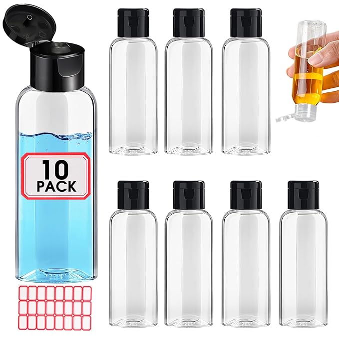 10 Pack Empty 3.4 oz Travel Bottles Tsa Approved Leakproof Plastic Squeezable Small Bottles for Toiletries Liquids Travel Essentials with Black Flip Cap