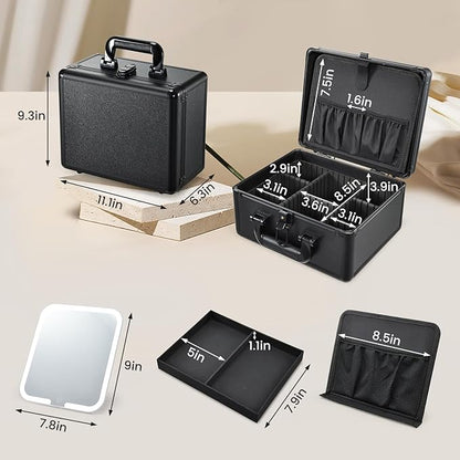 Makeup Case with Lighted Vanity Mirror, Makeup Organizer Box Travel Make up Case with LED Mirror Portable Cosmetic Train Case for Countertop Lockable Makeup Suitcase with Adjustable Dividers