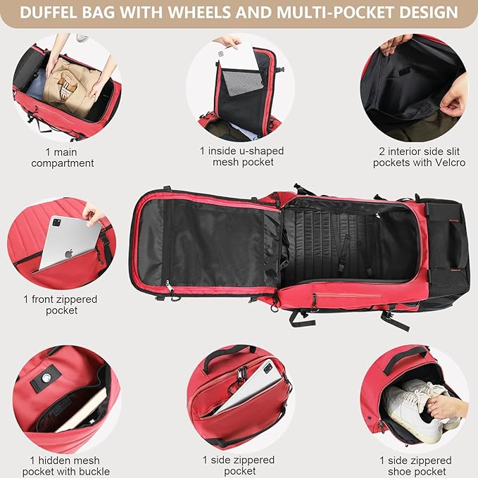 CONTAIL 86L Foldable Wheeled Duffel Backpack with Padded Quilted Bottom, Waterproof Collapsible Travel Duffle Bag with Extended Web Handles,No Telescope Handle,Red