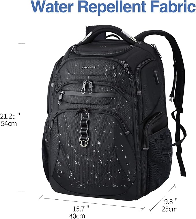 KROSER TSA Friendly Travel Laptop Backpack 18.4 inch XXXL Gaming Backpack Water-Repellent College Daypack Business Backpack with RFID Pockets & USB Port for Men/Women-Black