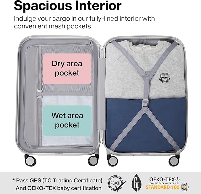 mixi Upgrade Luggage Suitcases with Spinner Wheels, Large Hardside Rolling Suitcase PC with TSA Lock Travel Case 26in Checked in, Fine Grid Smoke White