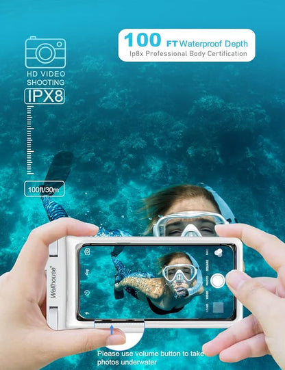 wellhouse Waterproof Phone Pouch, Waterproof Phone Case for iPhone 16 15 14 13 12 Pro Max XS Samsung, IPX8 3D Cellphone Dry Bag Beach Essentials (2 Pack - Black & White7.0, 7 inch)