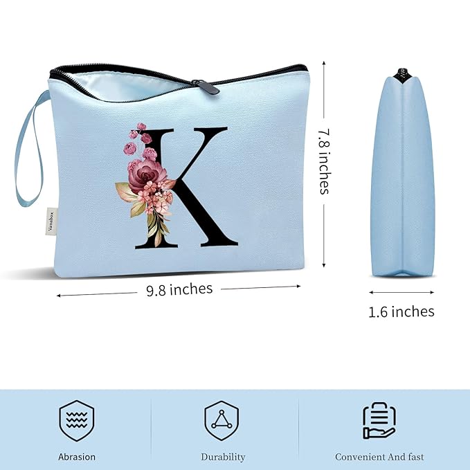 Vavabox A-Z Personalized Makeup Bag, Birthday Gifts for Women Mom, Gifts for Best Friend, Bride Bridesmaid Cosmetic bag (K, Blue)
