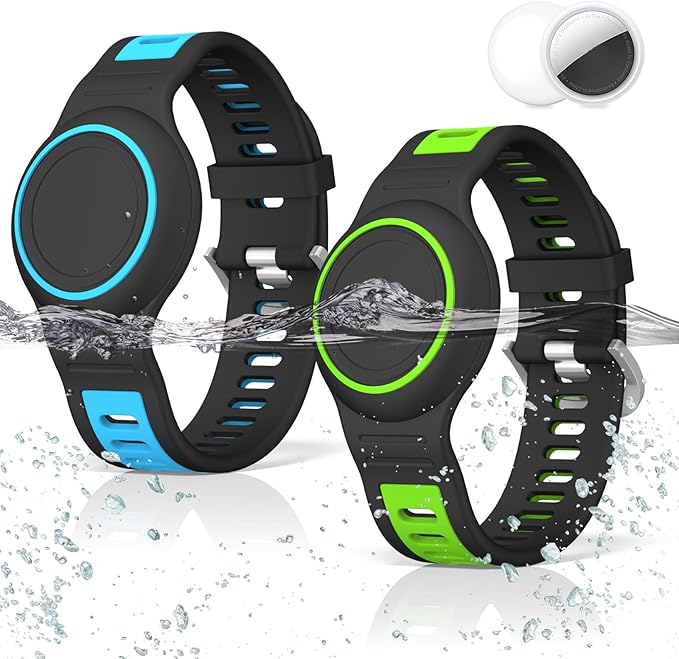 2-Pack Bracelet Compatible with AirTag for Kids, Waterproof Airtag Bracelet Full Coverage Protective Case Design Soft Silicone Hidden Air Tag Holder for Toddler Child Elderly (Blue+Green)