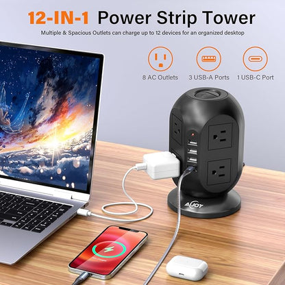 AiJoy Surge Protector Power Strip Tower with 8 Outlets 4 USB Ports(1 USB-C), 10 FT Flat Extension Cord with Multiple Outlets, Charging Tower with Surge Protection for Home Office Dorm Room Essentials