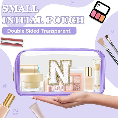 Small Clear Personalized Initial Makeup Bag,Nylon Preppy A-Z Chenille Letter Patch Cosmetic Pouch Beach Toiletry Bag,Waterproof Zip Travel Purse Storage Bag Organizer for Women Girls(Purple-White N)