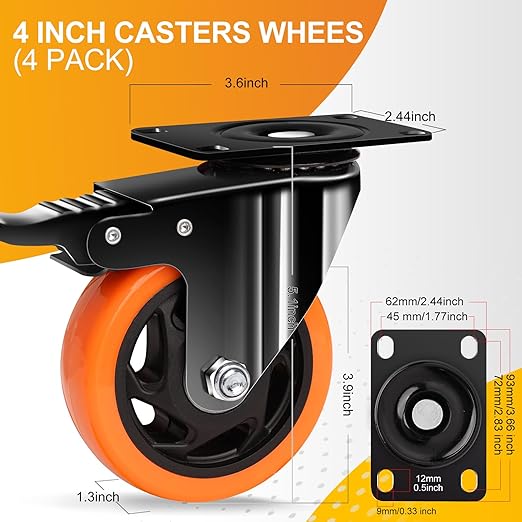 QNCZ 4" Caster Wheels, Outstanding Casters Set of 4 Heavy Duty, Silent Industrial Casters, Locking Casters Wheels for Furniture, Castor Wheels for Cart, Workbench.