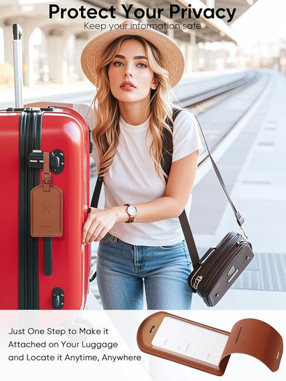 Luggage Tags Built-in Anti-Loss Tracker, Luxury Leather Luggage Tags for Suitcase, Travel Bags, Backpacks, Travel Organizer for Lost Baggage Prevention (Brown*3 Pack)