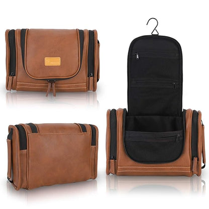 MIRASON Travel Toiletry Bag, Hanging Toiletry Bag for Men, Leather Travel Shower Bag for Toiletries Dopp Kit Bathroom Bag with Metal Hook, Gift for Men (Brown)