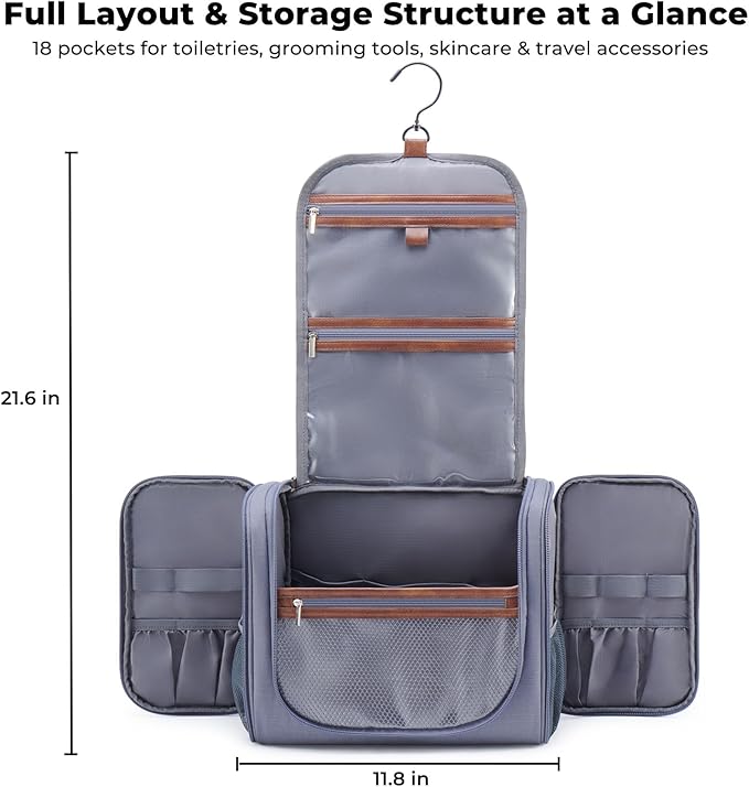 Large Hanging Toiletry Bag for Men, Travel Bathroom Bag with Hook, Hygiene Bag Organizer for Shower, Shaving & Grooming Essentials, Gray