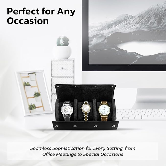 W&S Watch Roll Travel Case for Men and Women with 3 Watch Storage Organizer - Secure Storage with Innovative Removable Pillows & Solid Dividers for Home, Travel and Display (Black)