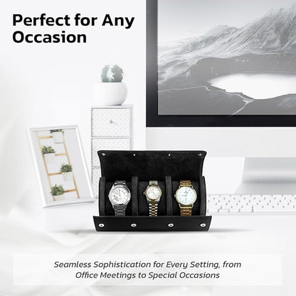 W&S Watch Roll Travel Case for Men and Women with 3 Watch Storage Organizer - Secure Storage with Innovative Removable Pillows & Solid Dividers for Home, Travel and Display (Black)