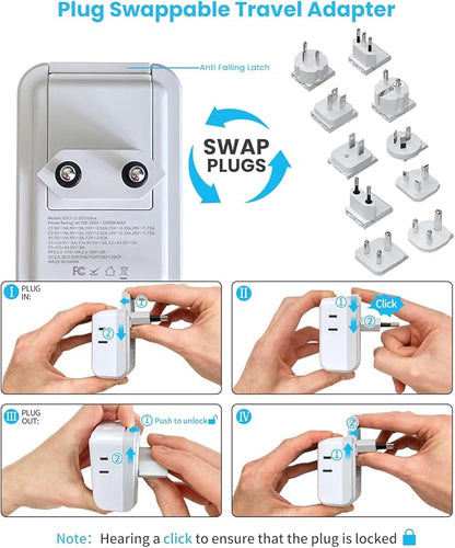 Universal Travel Adapter Kit, VINTAR PD 35W International Power Adapter with 4 AC and 3 USB Ports(2 USB-C), Type A,B,C,D,E/F,G,H,I,L,M Detachable Attachments, Travel Adapter Worldwide for EU/UK/Africa