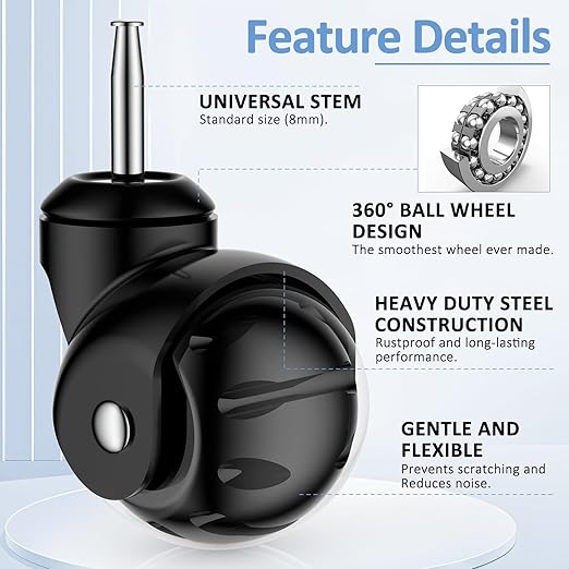 2 Inch Ball Caster Wheels - Stem Casters Set of 4,Heavy Duty 1200 LBS,360° Swivel,Non Marking Polyurethane,Black Replacement Castors for Furniture, Cabinet, Cart,Coffee Table (Black)