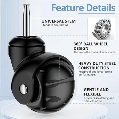 2 Inch Ball Caster Wheels - Stem Casters Set of 4,Heavy Duty 1200 LBS,360° Swivel,Non Marking Polyurethane,Black Replacement Castors for Furniture, Cabinet, Cart,Coffee Table (Black)