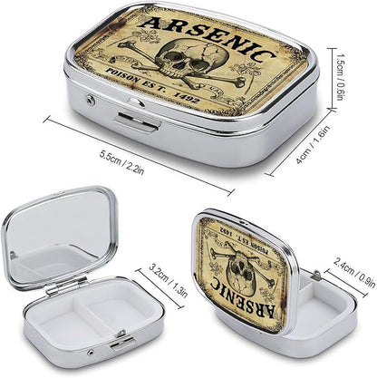 Metal 2 Compartment Pill Organizer Travel Friendly Portable Compact Pill Box Cute Pill Case to Hold Vitamins,Fish Oil,Supplements,Meds,Tablet for Purse,Pocket. (Vintage Skeleton)