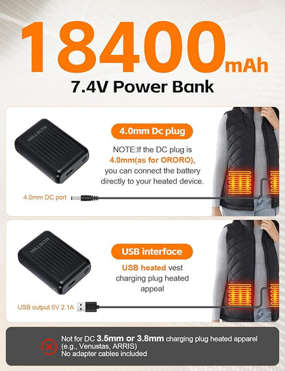 18400mAh Heated Vest Battery Pack - 7.4V DC 4.0mm & USB/Type-C Output Compatible with Heated Apparel, Up to 11H Heat, LED Display