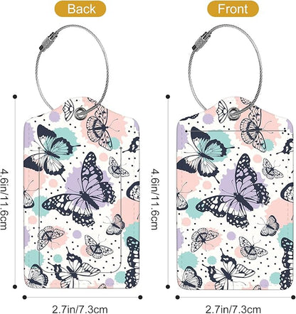 2Pack Luggage Tags for Suitcases, Cute Unique Pu Leather Cruise Luggage Tag with Privacy Cover ID Label Address Card and Metal Ring Suitable for Women Men Kids Travel Bag Colorful Butterfly 1