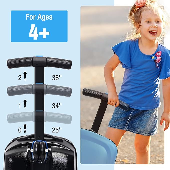 Apelila 20" Scooter Suitcase for Kids, 2-in-1 Ride On Luggage with Wheels for Boys & Girls Ages 4-15, Foldable Hardshell Carry On Lightweight Travel Suitcase for Airplane (Light Blue)