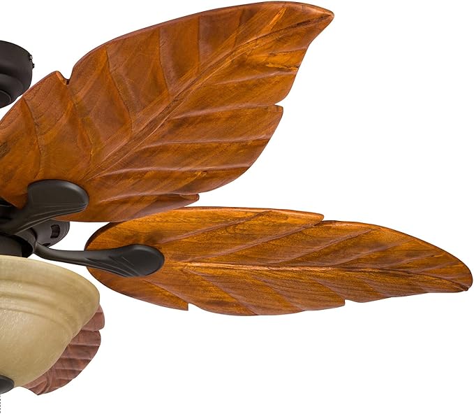 Honeywell Ceiling Fans Sabal Palm, 52 Inch Tropical LED Ceiling Fan with Light, Pull Chain, Dual Mounting Options, Hand Carved Solid Wood Blades - 50204-01 (Bronze)