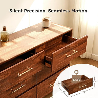 Walnut Dresser for Bedroom, 6 Drawer Brown Wood Dresser with Modern Storage Organizer, Wide Chest of Drawers for Closet, Clothes, Living Room